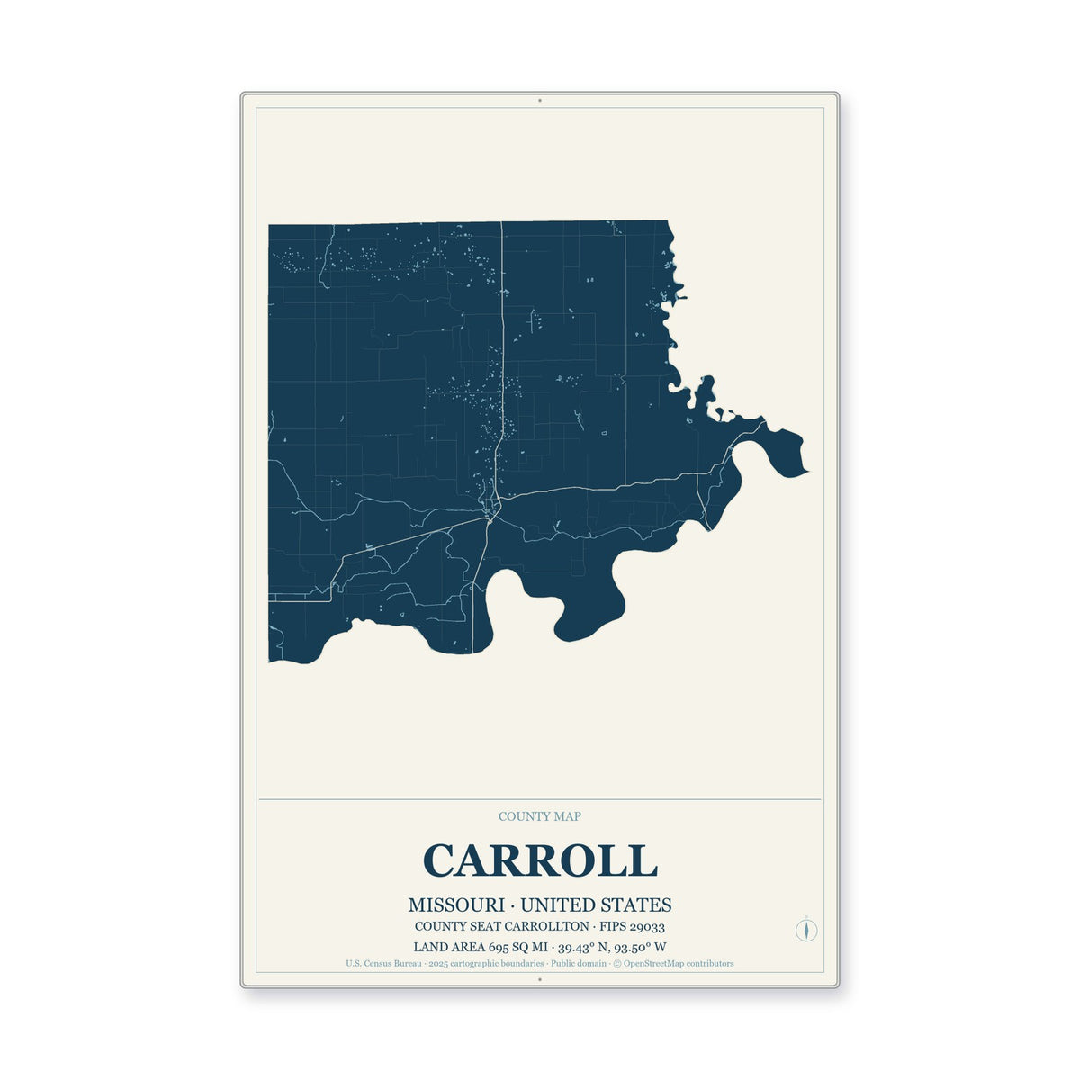 Carroll County, Missouri Map Aluminum Sign in Coastal Cutout style