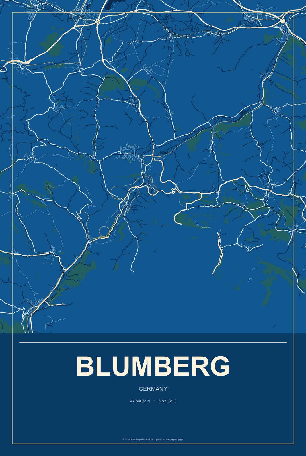 Blumberg, Germany City Map Aluminum Sign in Harbor Cobalt style