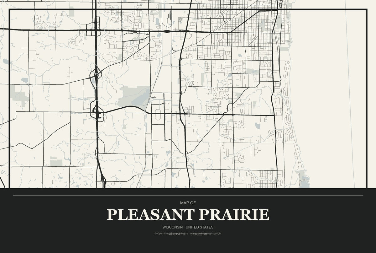 Pleasant Prairie, Wisconsin City Map Aluminum Sign in Museum Plaque style