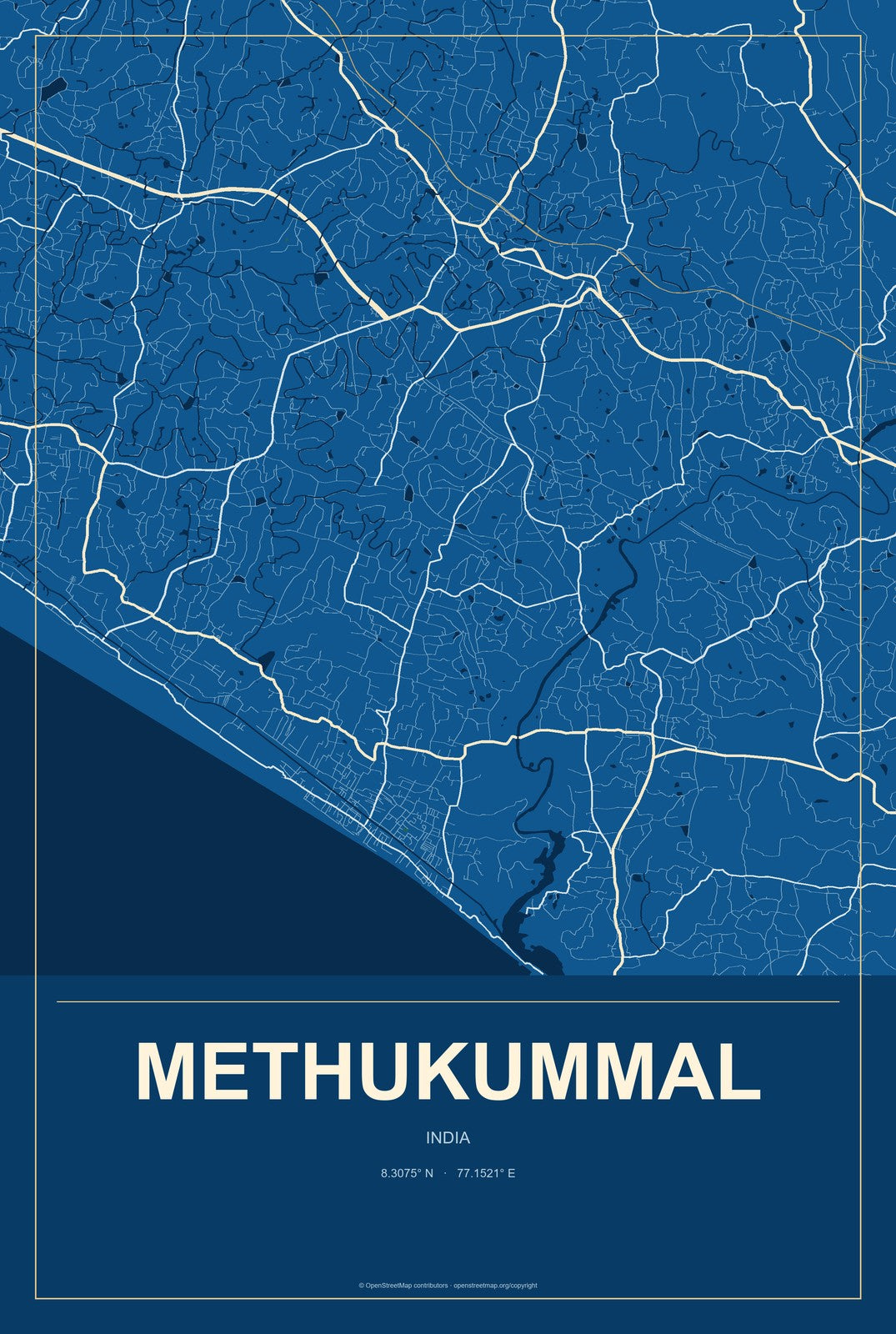 Methukummal, India City Map Aluminum Sign in Harbor Cobalt style