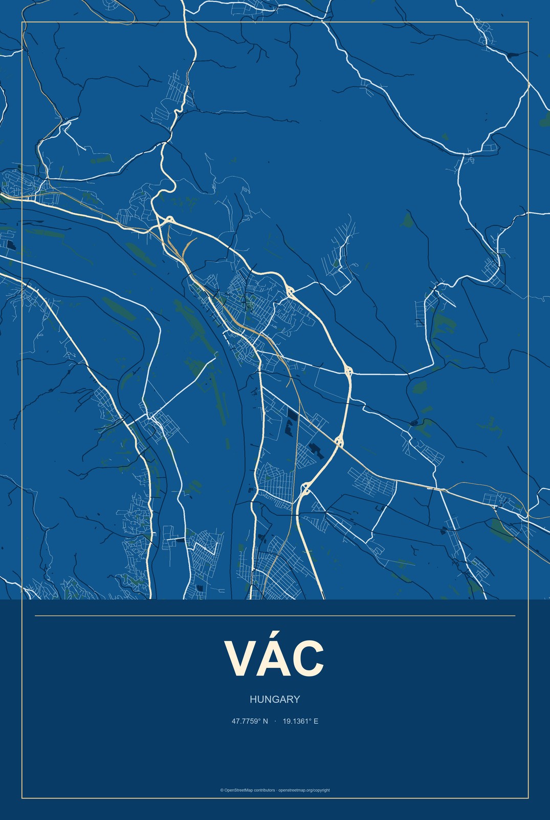 Vác, Hungary City Map Aluminum Sign in Harbor Cobalt style