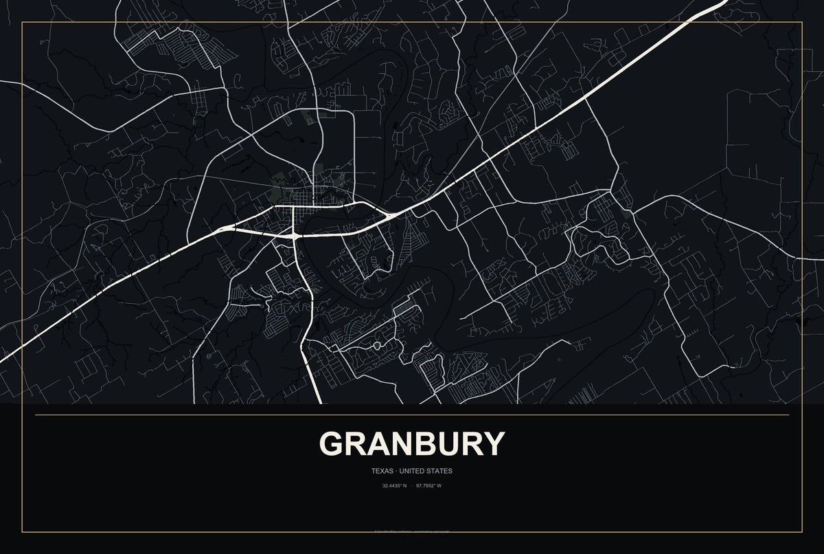 Granbury, Texas City Map Aluminum Sign in Metropolitan Noir style