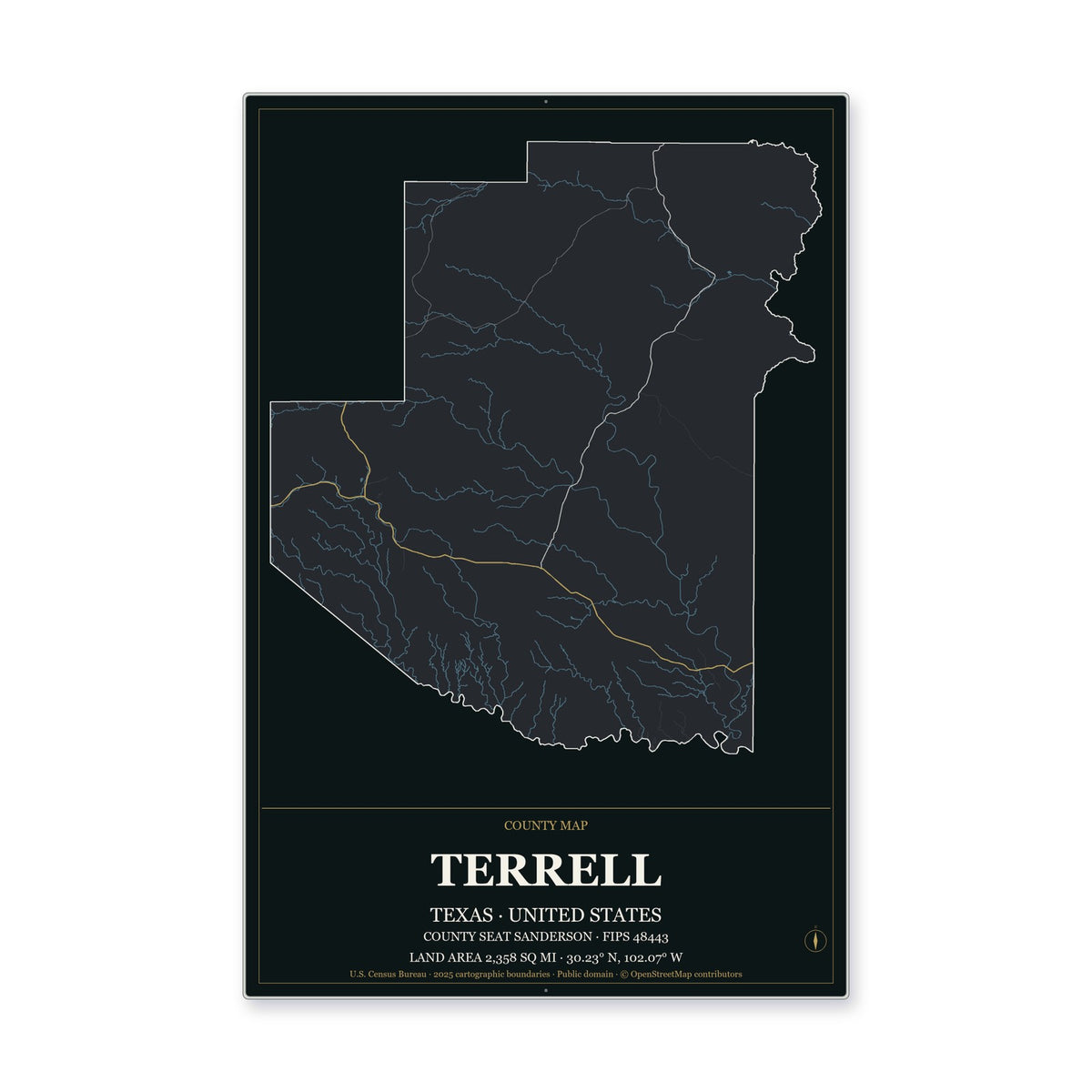Terrell County, Texas Map Aluminum Sign in Metropolitan Noir style