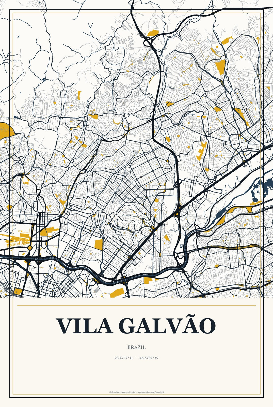 Vila Galvão, Brazil City Map Aluminum Sign in Citrine Modern style