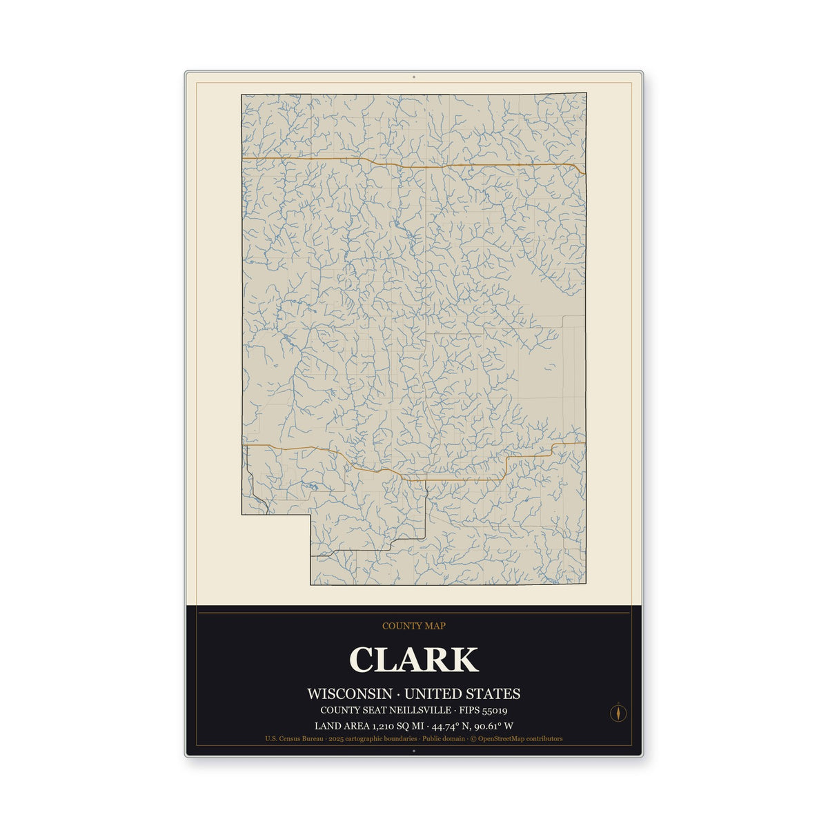 Clark County, Wisconsin Map Aluminum Sign in Museum Plaque style