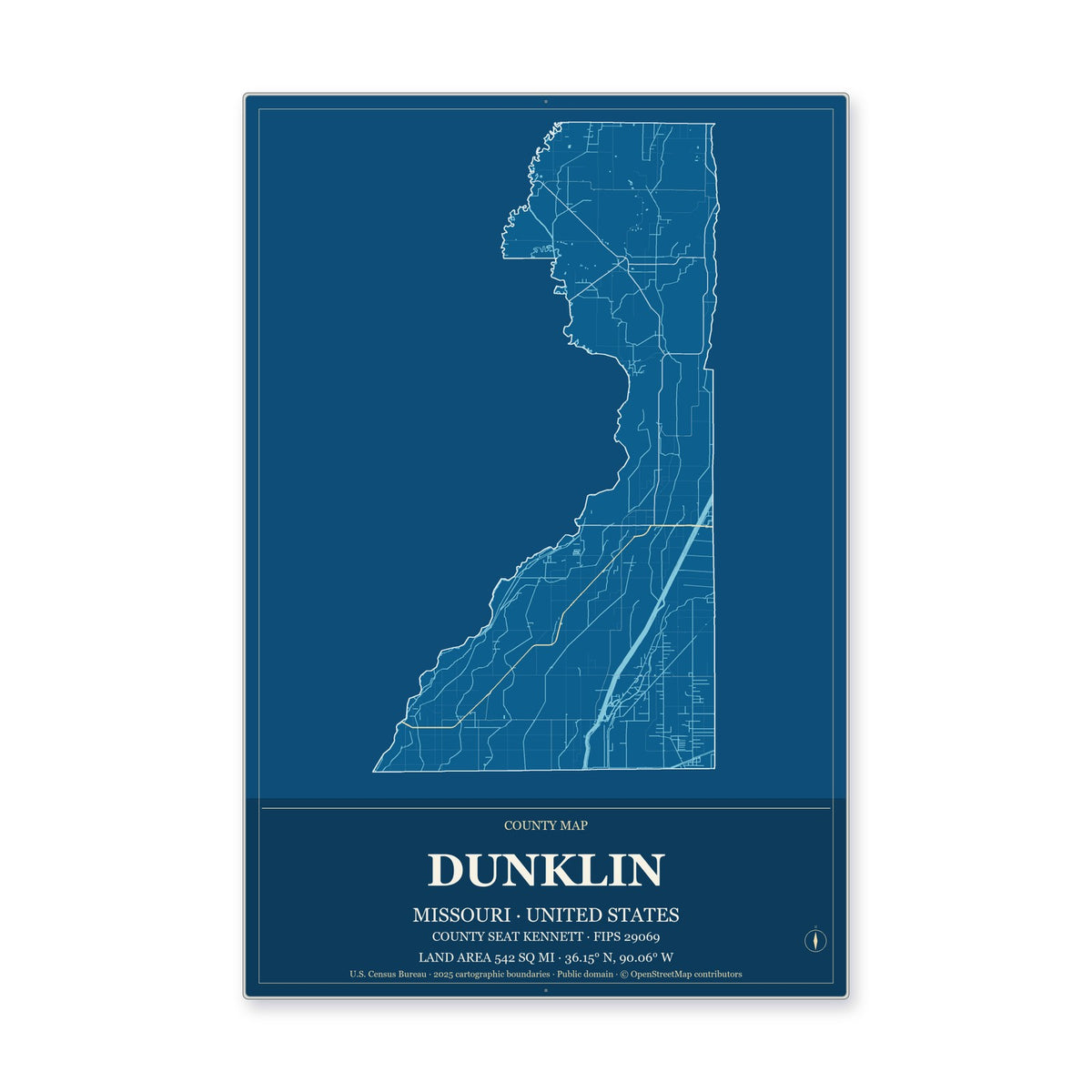 Dunklin County, Missouri Map Aluminum Sign in Harbor Cobalt style