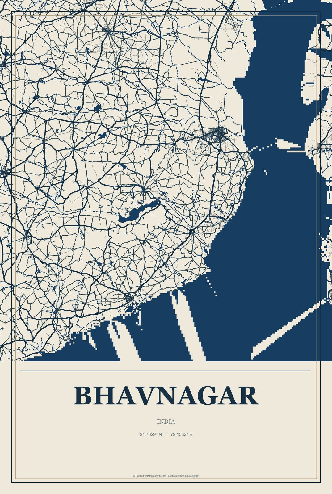 Bhavnagar, India City Map Aluminum Sign in Coastal Cutout style