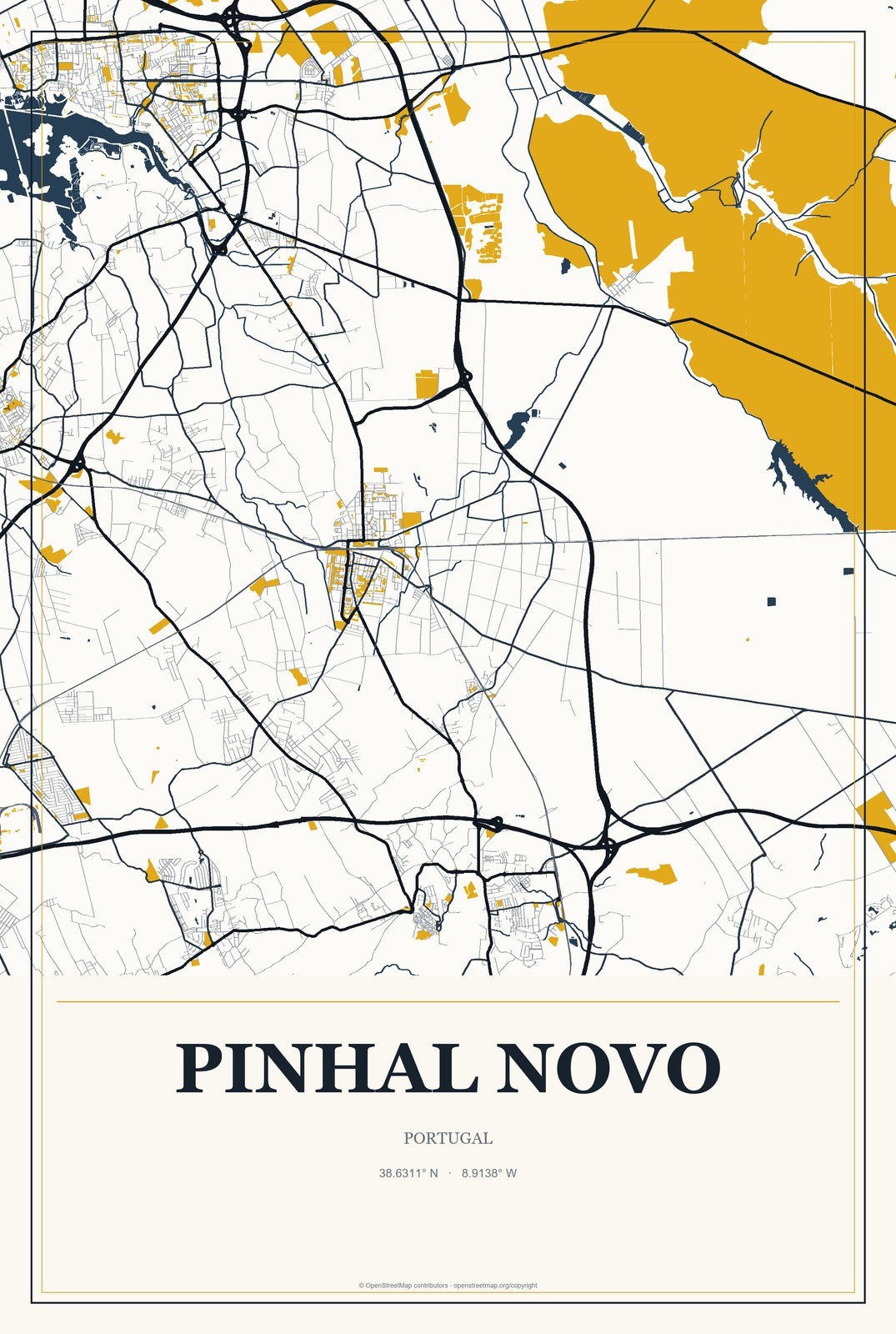Pinhal Novo, Portugal City Map Aluminum Sign in Citrine Modern style