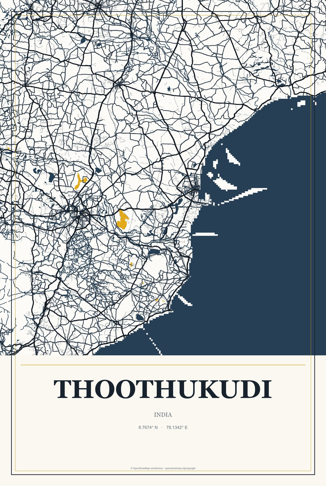 Thoothukudi, India City Map Aluminum Sign in Citrine Modern style