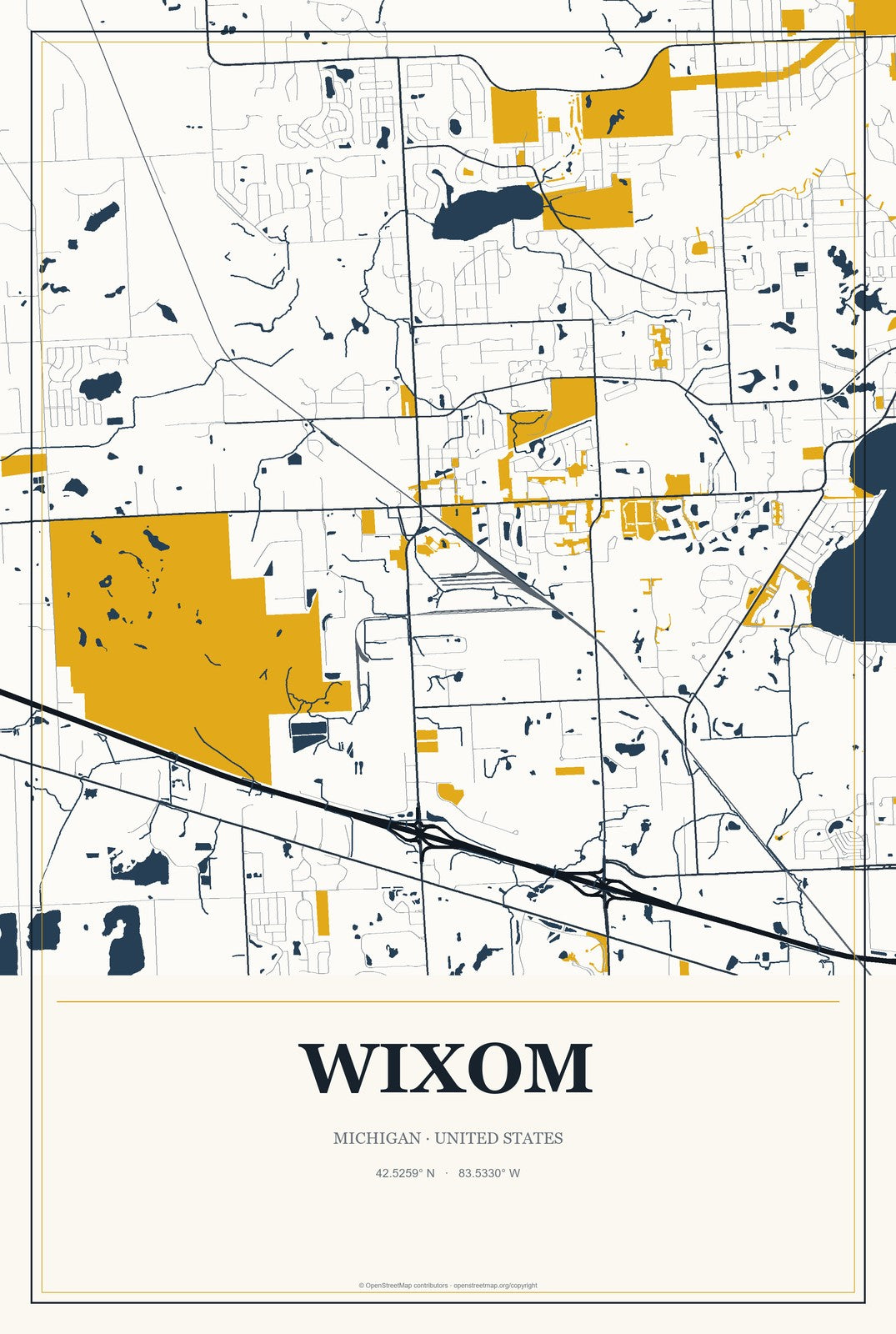 Wixom, Michigan City Map Aluminum Sign in Citrine Modern style