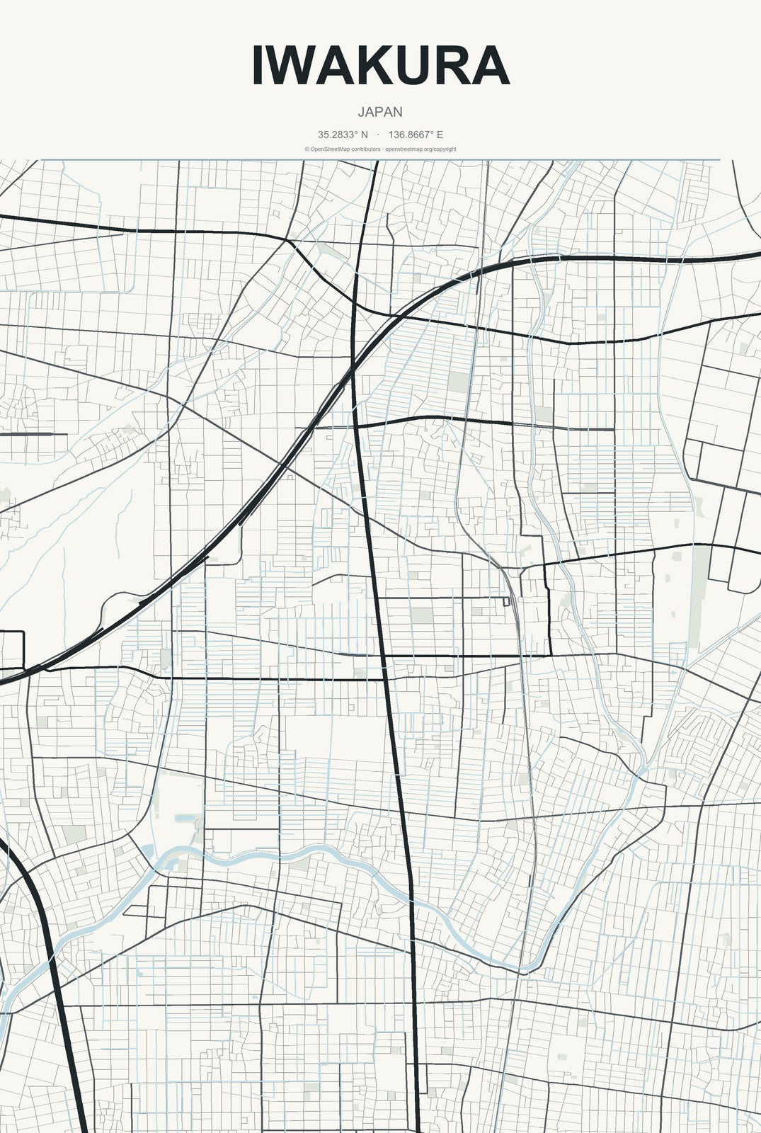 Iwakura, Japan City Map Aluminum Sign in Headline Atlas style