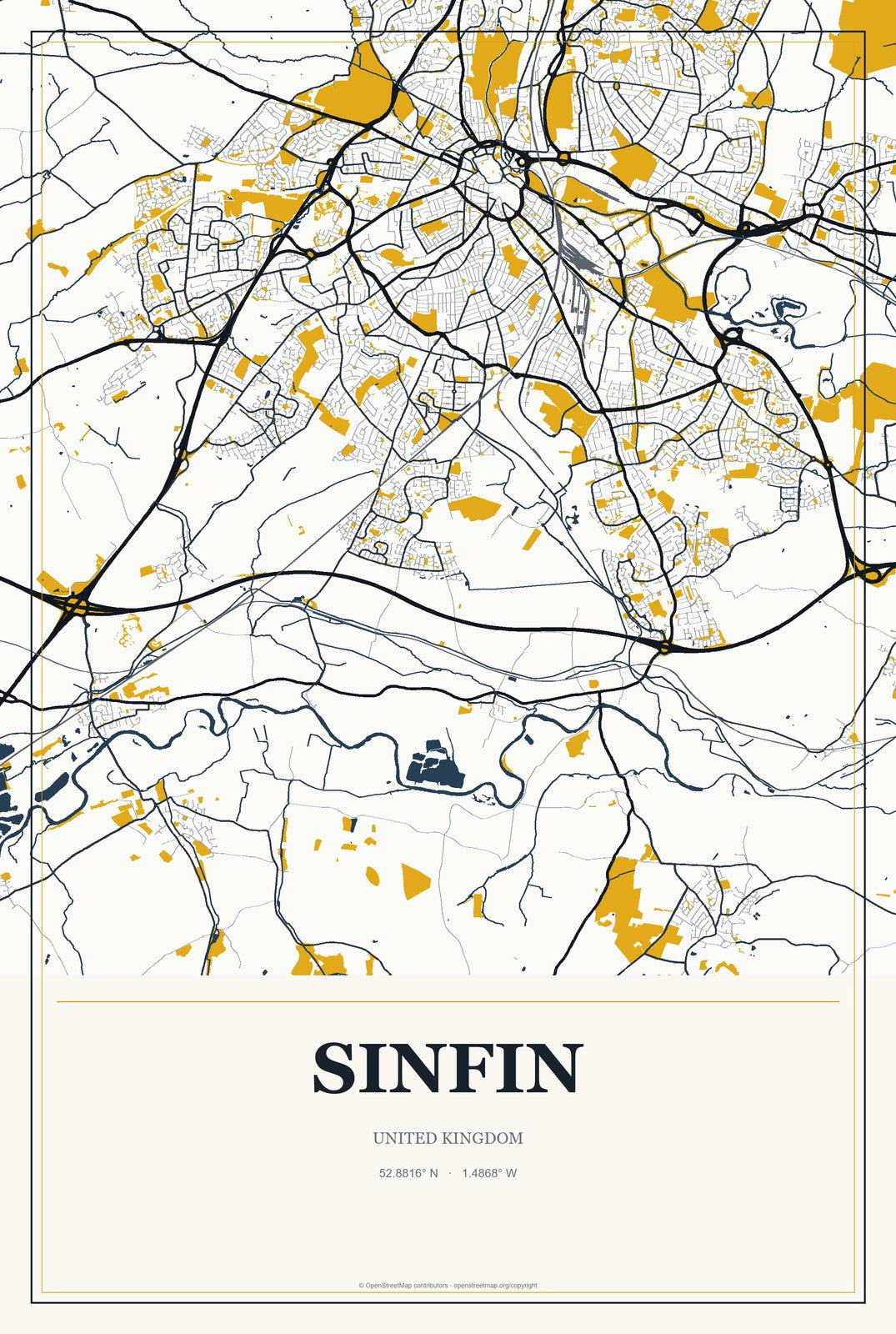 Sinfin, United Kingdom City Map Aluminum Sign in Citrine Modern style