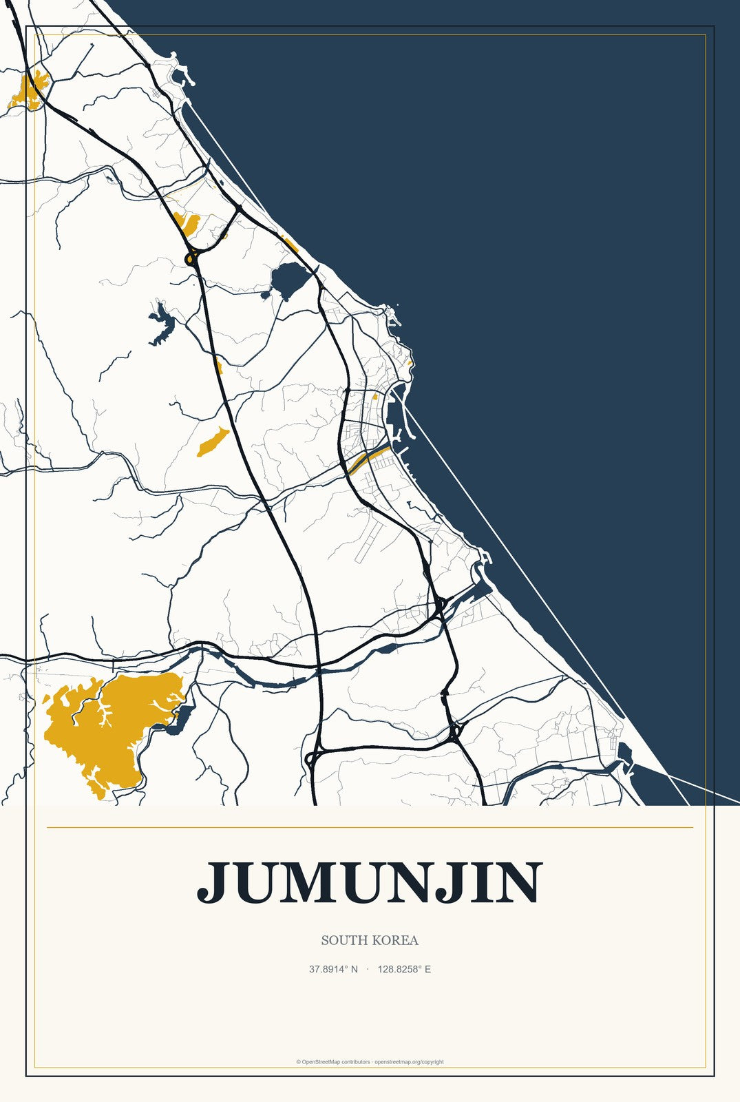Jumunjin, South Korea City Map Aluminum Sign in Citrine Modern style