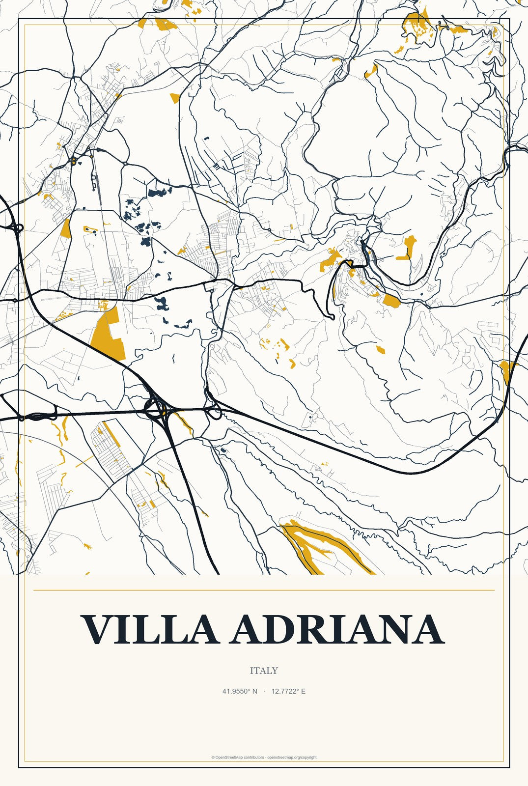 Villa Adriana, Italy City Map Aluminum Sign in Citrine Modern style