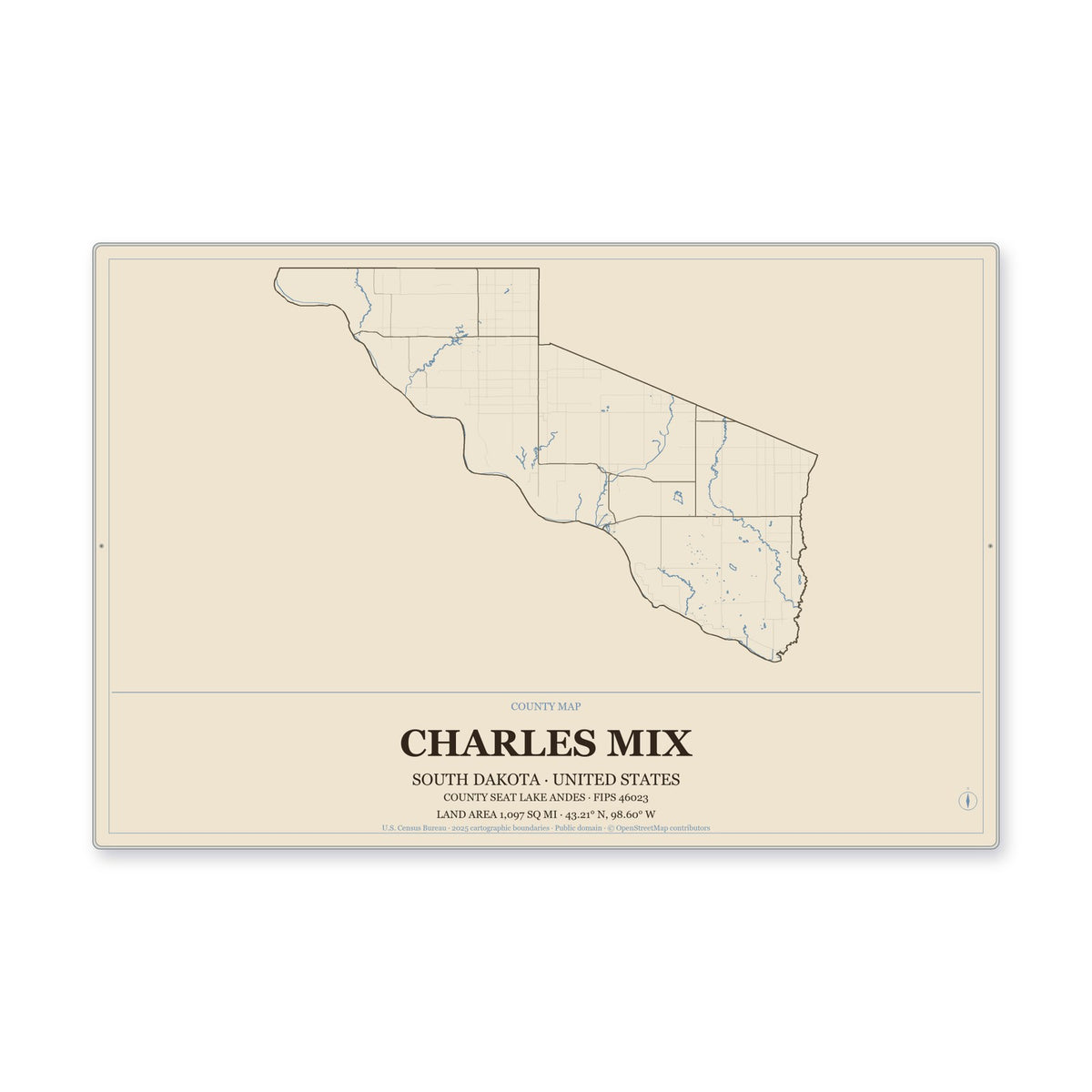 Charles Mix County, South Dakota Map Aluminum Sign in Heritage Nautical style