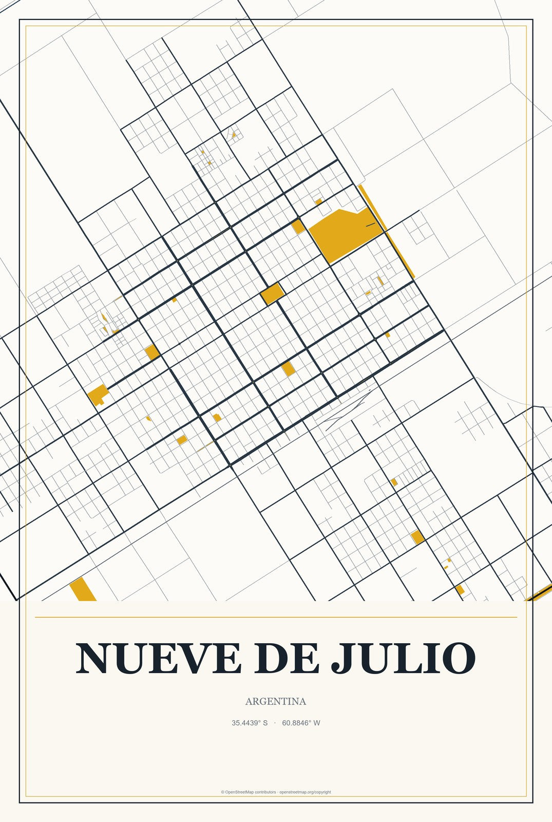 Nueve de Julio, Argentina City Map Aluminum Sign in Citrine Modern style