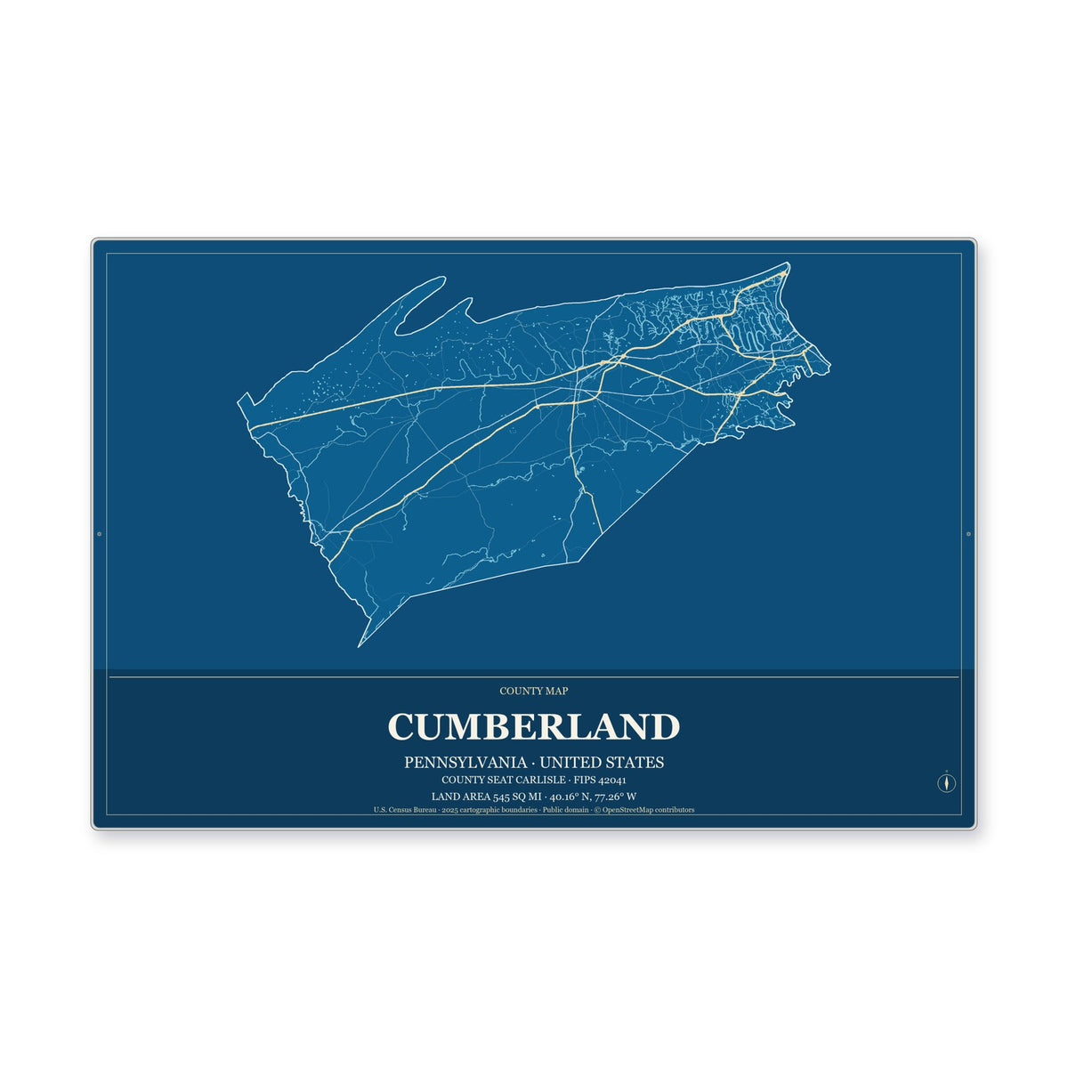 Cumberland County, Pennsylvania Map Aluminum Sign in Harbor Cobalt style