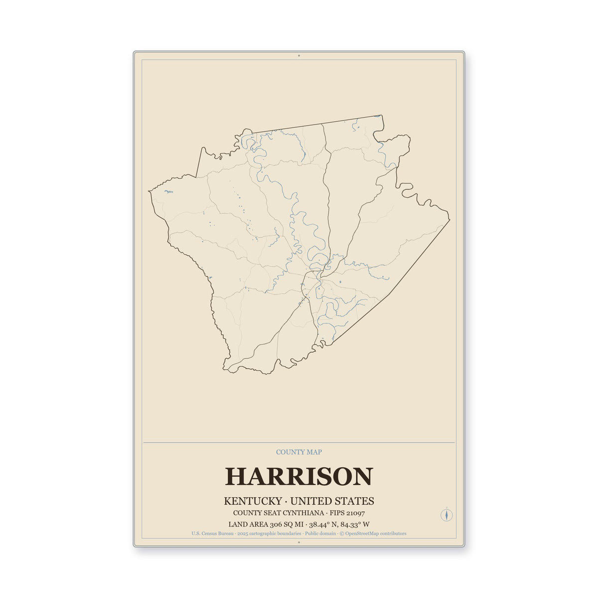 Harrison County, Kentucky Map Aluminum Sign in Heritage Nautical style