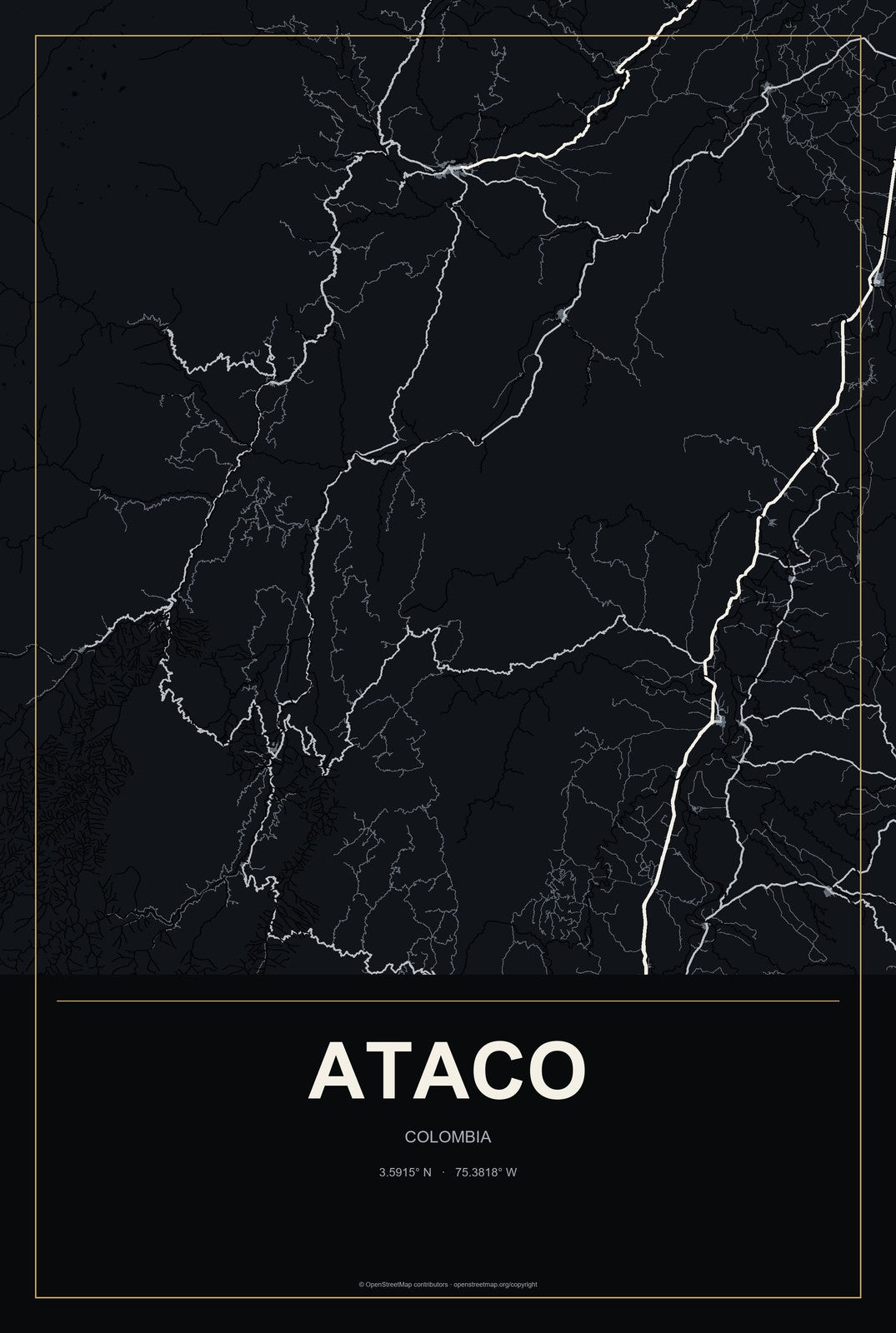 Ataco, Colombia City Map Aluminum Sign in Metropolitan Noir style
