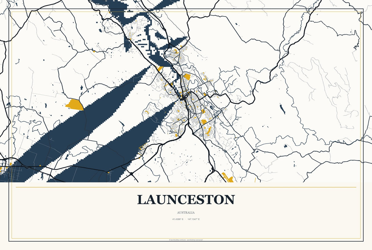 Launceston, Australia City Map Aluminum Sign in Citrine Modern style