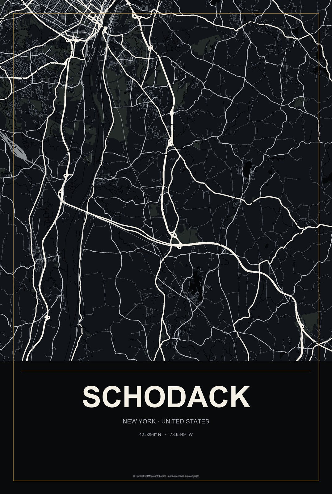 Schodack, New York City Map Aluminum Sign in Metropolitan Noir style