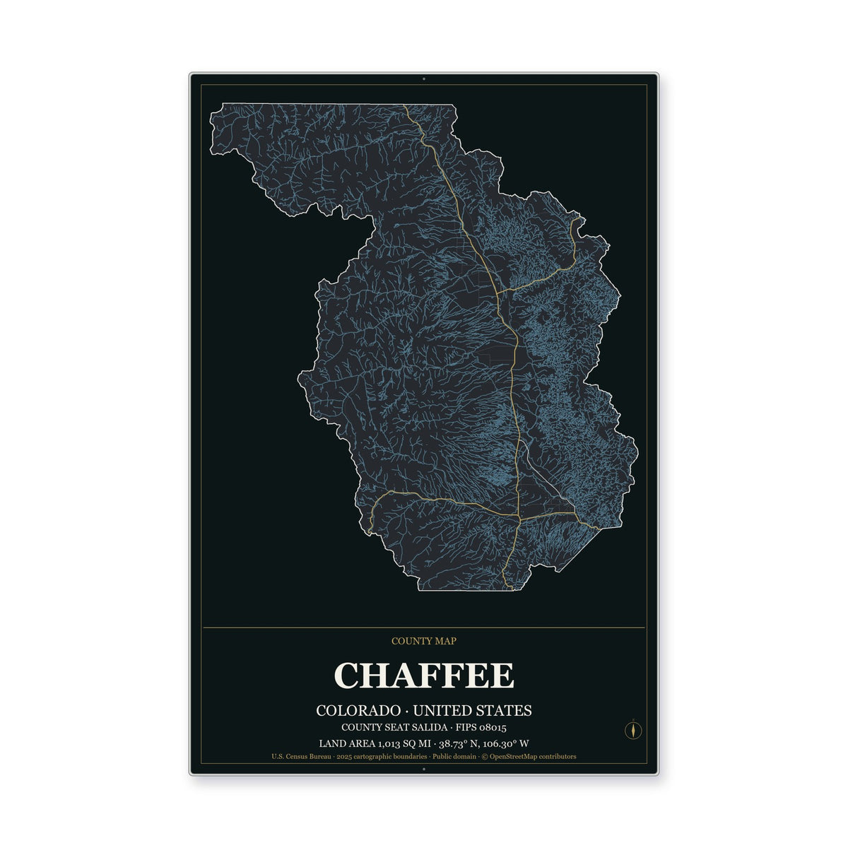 Chaffee County, Colorado Map Aluminum Sign in Metropolitan Noir style