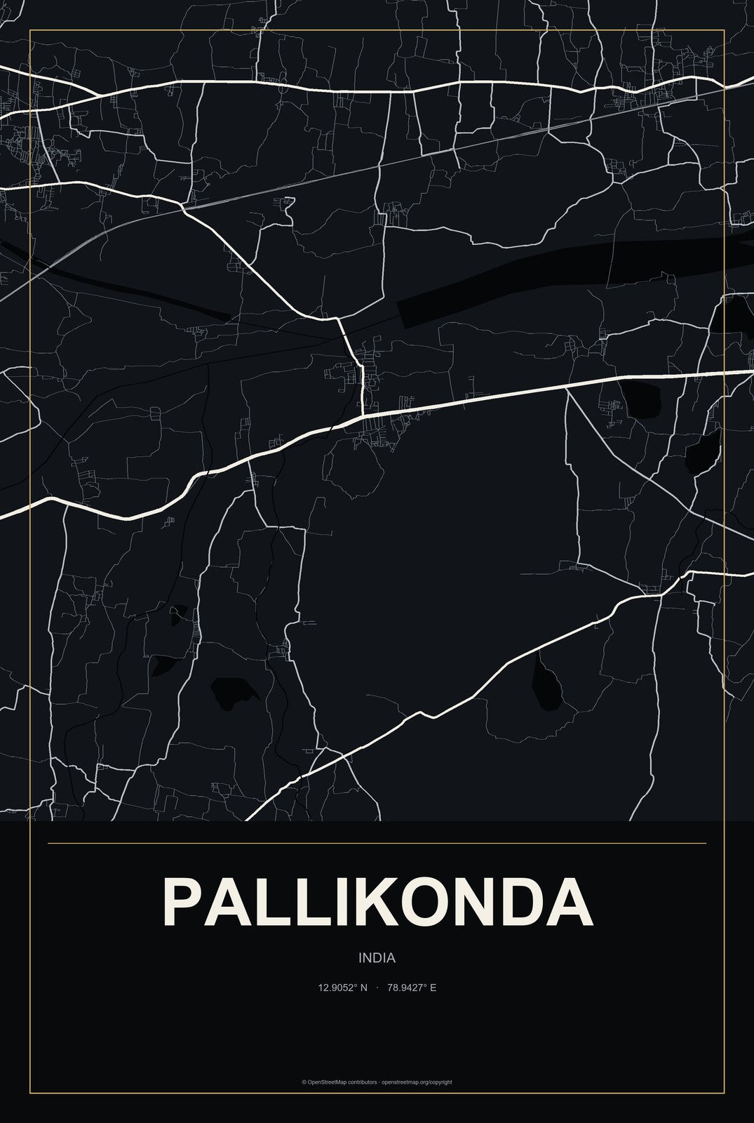 Pallikonda, India City Map Aluminum Sign in Metropolitan Noir style