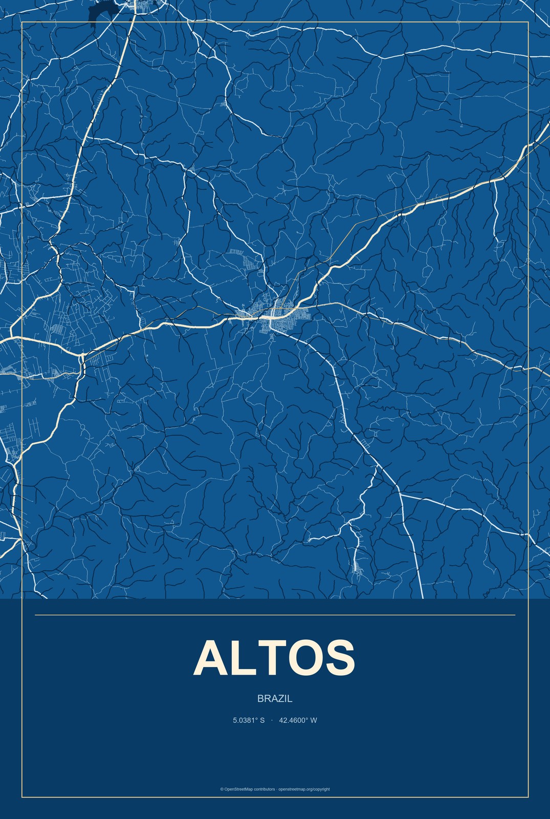 Altos, Brazil City Map Aluminum Sign in Harbor Cobalt style