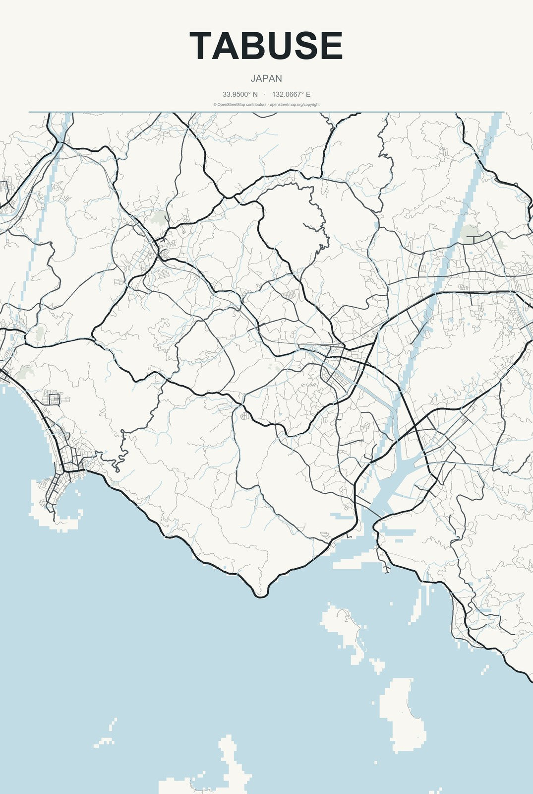 Tabuse, Japan City Map Aluminum Sign in Headline Atlas style