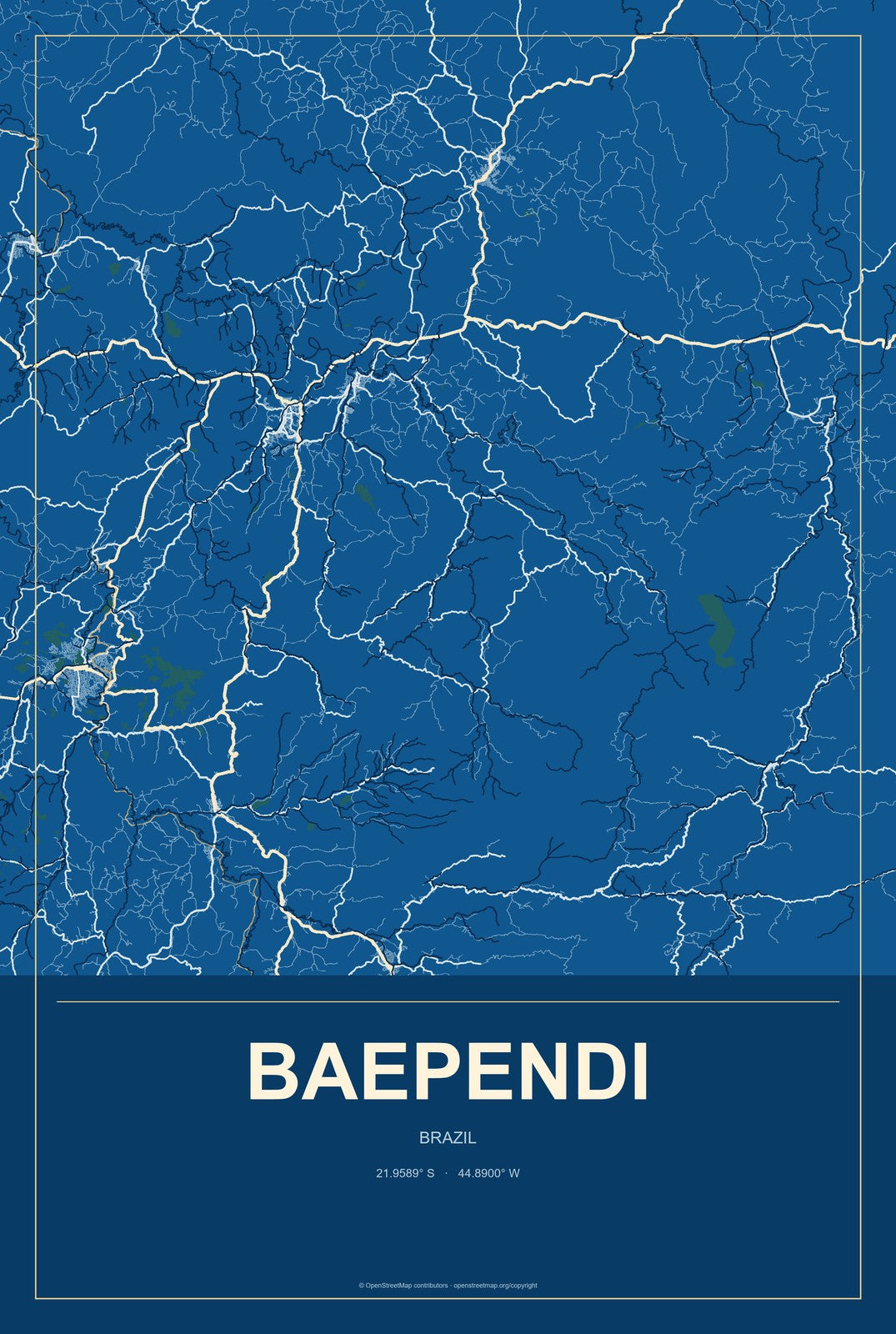 Baependi, Brazil City Map Aluminum Sign in Harbor Cobalt style