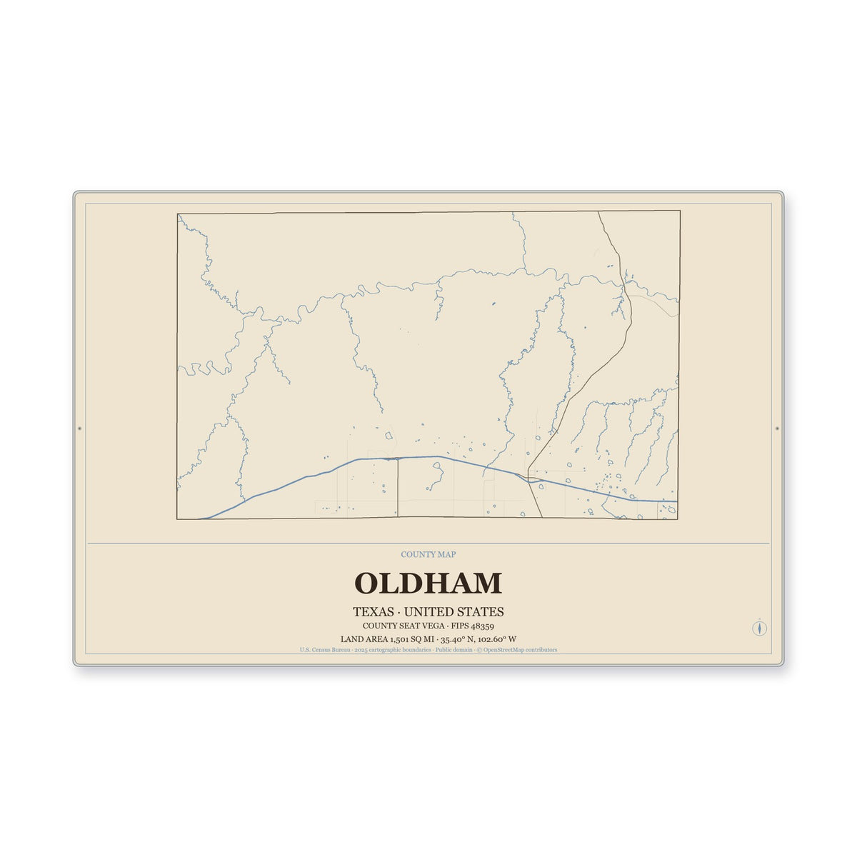 Oldham County, Texas Map Aluminum Sign in Heritage Nautical style