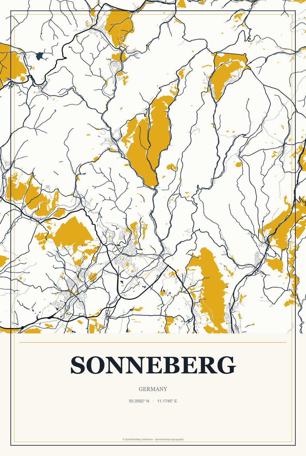 Sonneberg, Germany City Map Aluminum Sign in Citrine Modern style