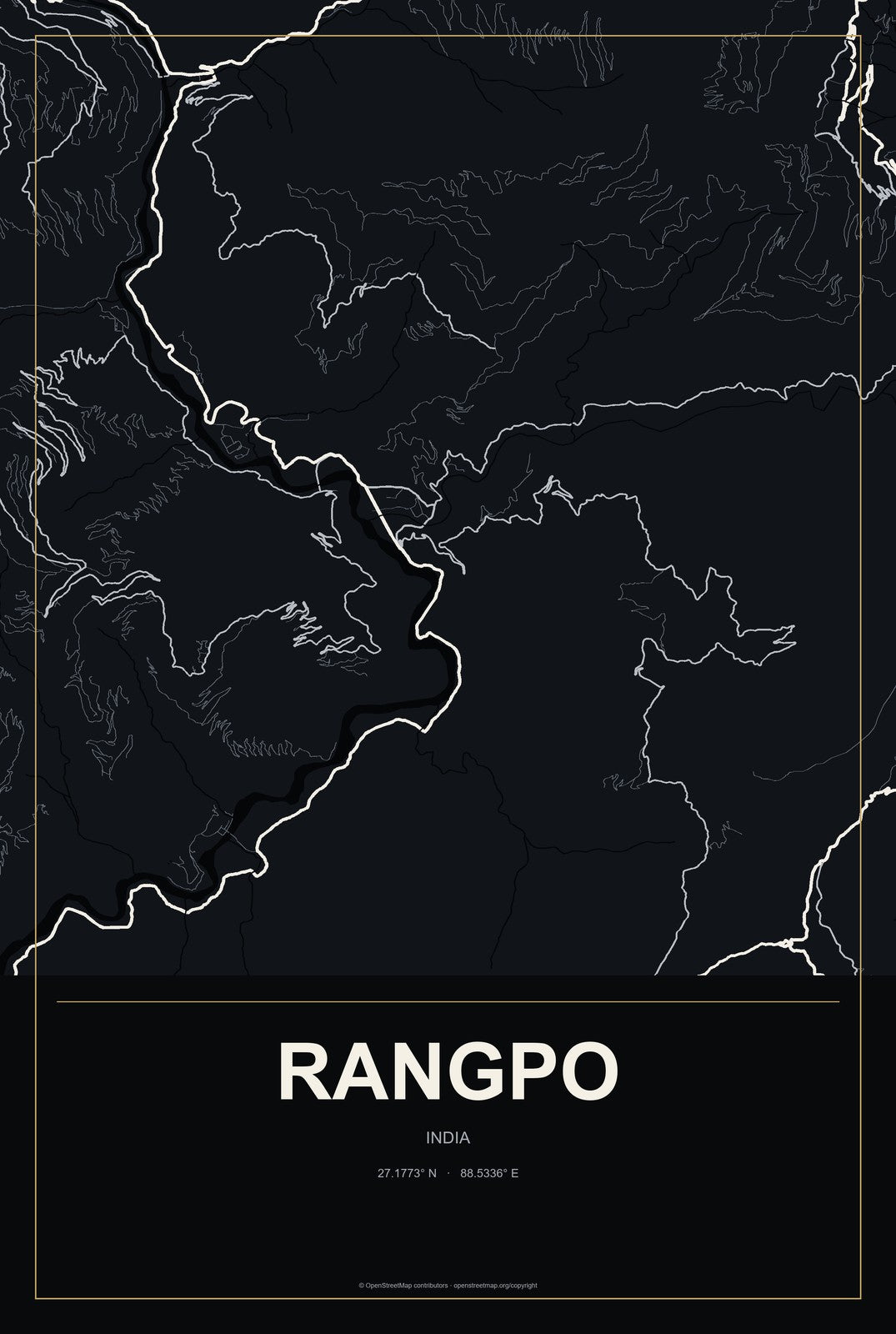 Rangpo, India City Map Aluminum Sign in Metropolitan Noir style