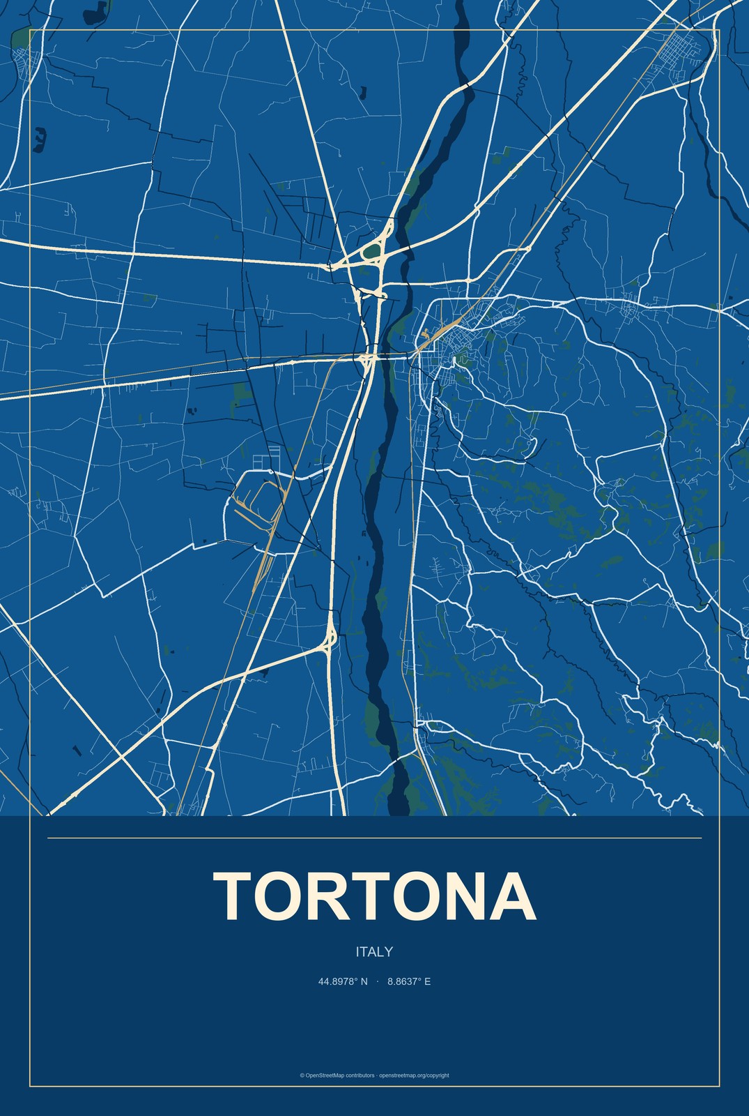 Tortona, Italy City Map Aluminum Sign in Harbor Cobalt style