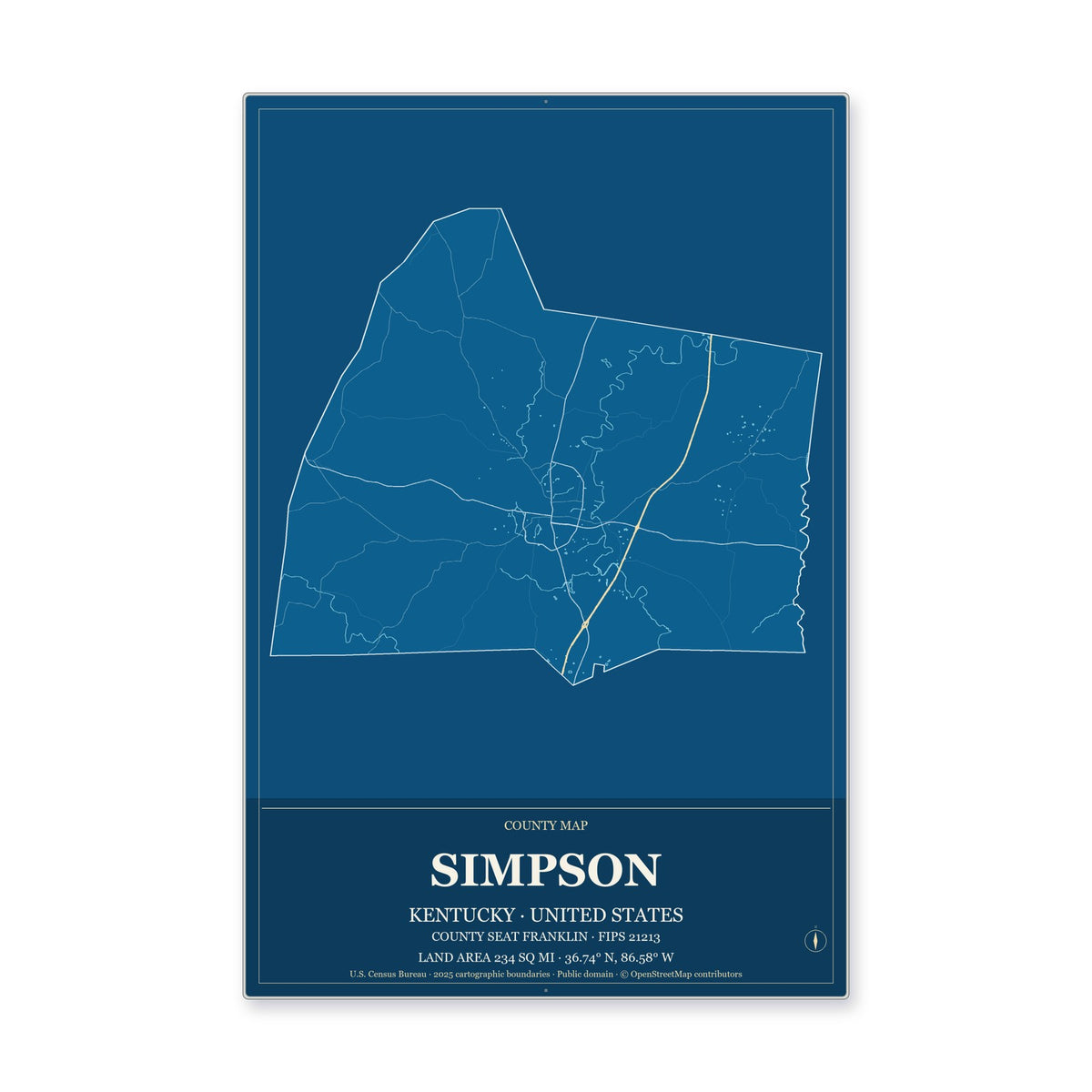 Simpson County, Kentucky Map Aluminum Sign in Harbor Cobalt style