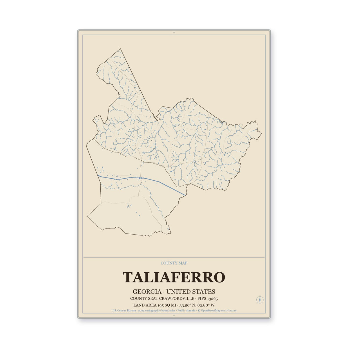 Taliaferro County, Georgia Map Aluminum Sign in Heritage Nautical style