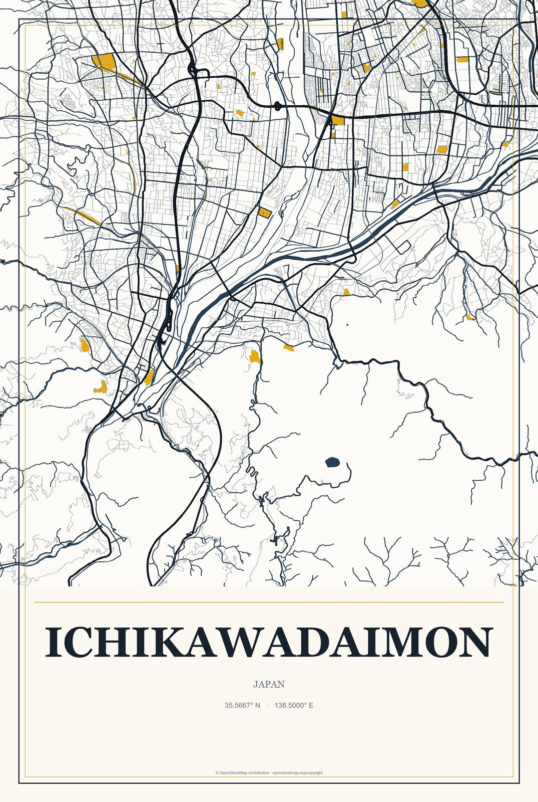 Ichikawadaimon, Japan City Map Aluminum Sign in Citrine Modern style