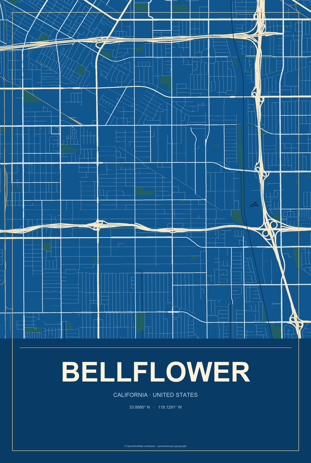 Bellflower, California City Map Aluminum Sign in Harbor Cobalt style