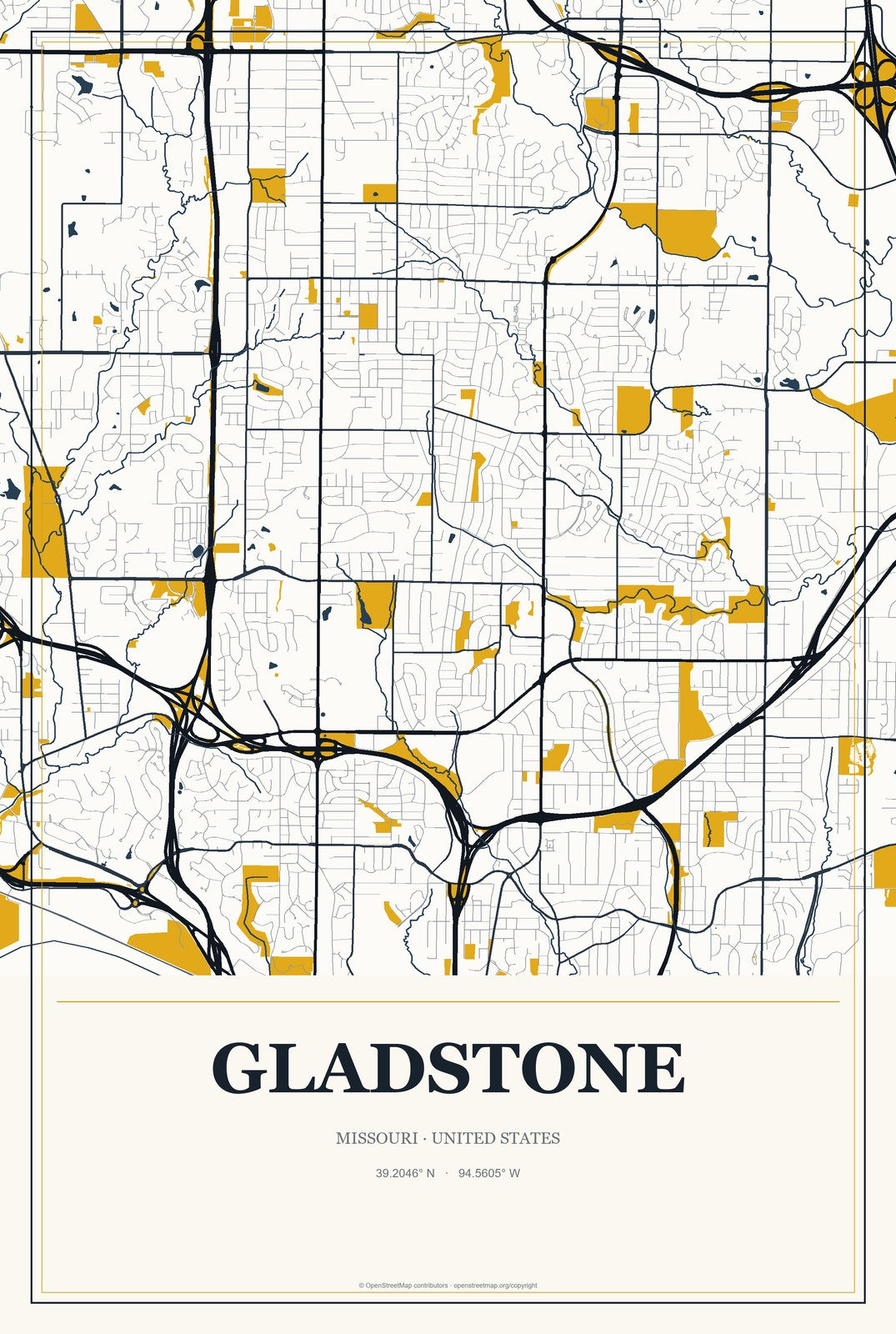 Gladstone, Missouri City Map Aluminum Sign in Citrine Modern style