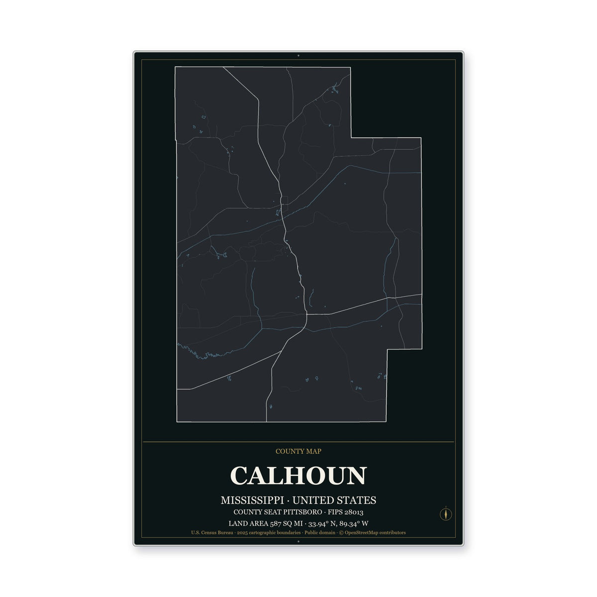 Calhoun County, Mississippi Map Aluminum Sign in Metropolitan Noir style