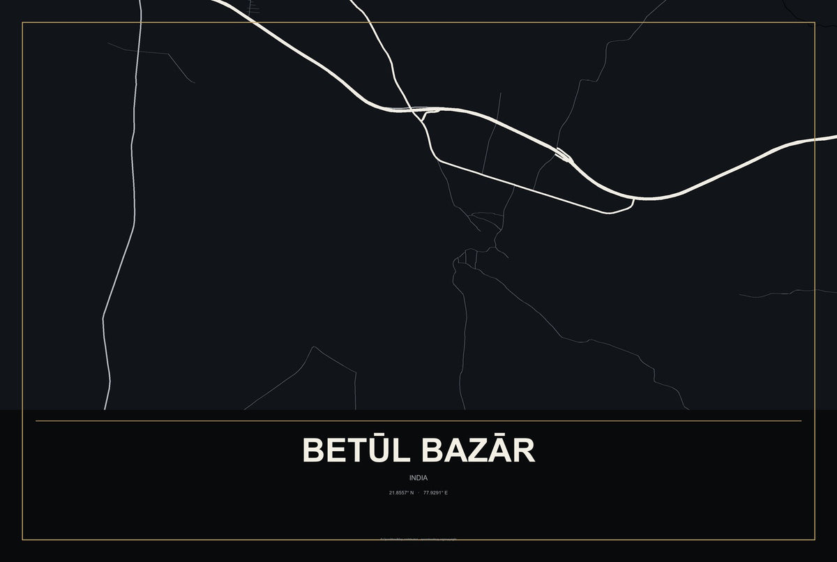 Betūl Bazār, India City Map Aluminum Sign in Metropolitan Noir style