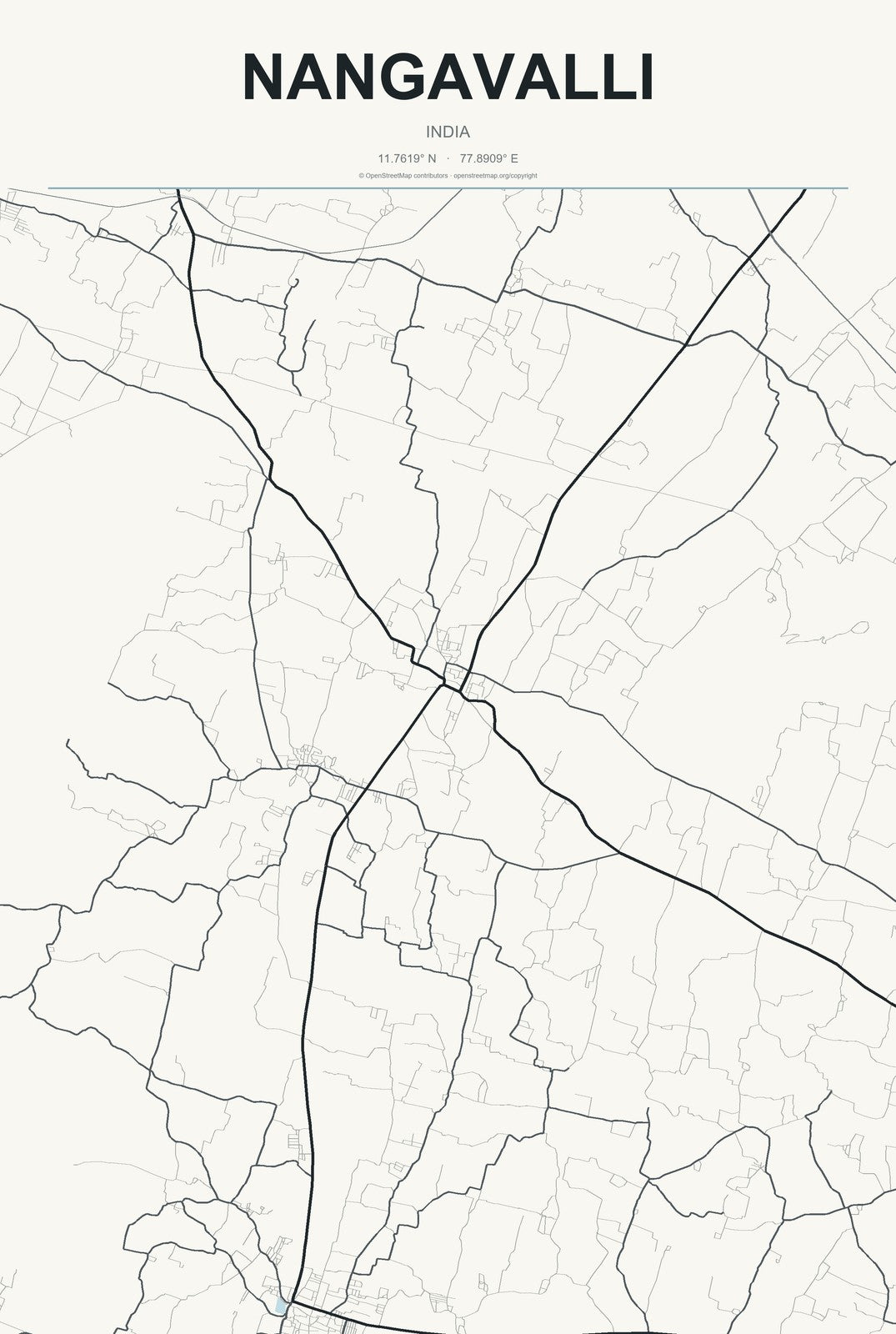 Nangavalli, India City Map Aluminum Sign in Headline Atlas style