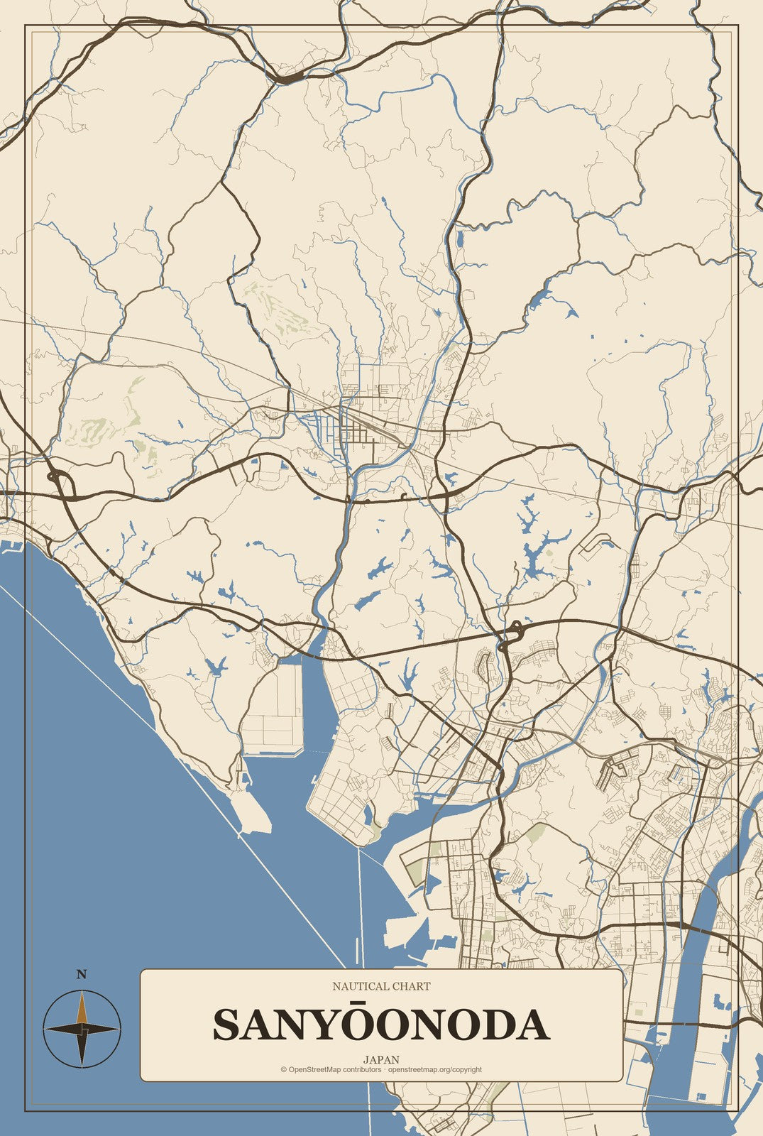Sanyōonoda, Japan City Map Aluminum Sign in Heritage Nautical style