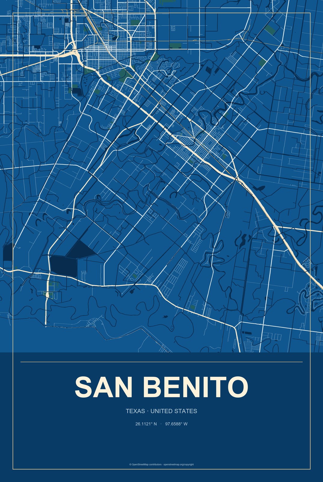 San Benito, Texas City Map Aluminum Sign in Harbor Cobalt style