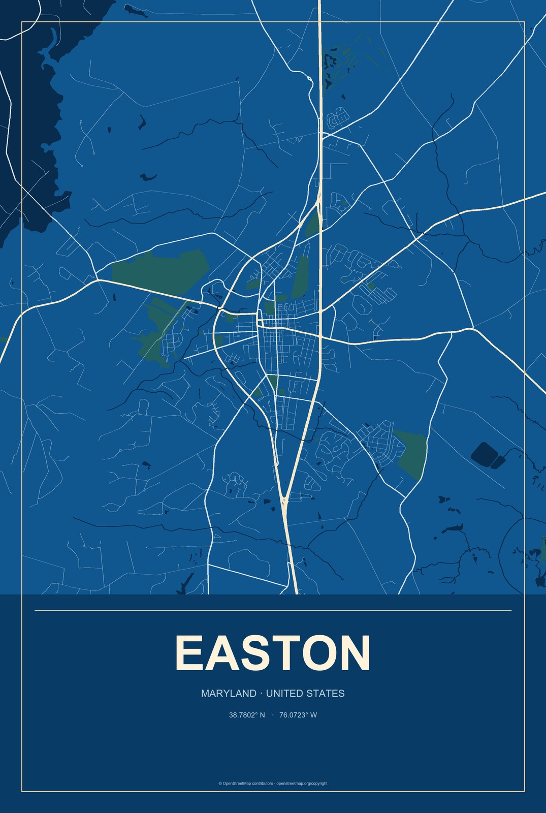 Easton, Maryland City Map Aluminum Sign in Harbor Cobalt style