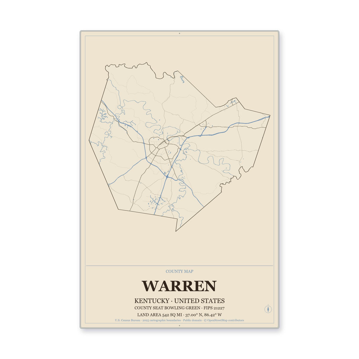 Warren County, Kentucky Map Aluminum Sign in Heritage Nautical style