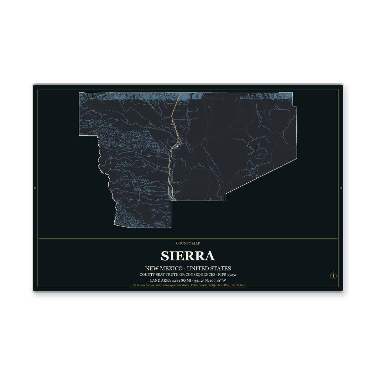 Sierra County, New Mexico Map Aluminum Sign in Metropolitan Noir style