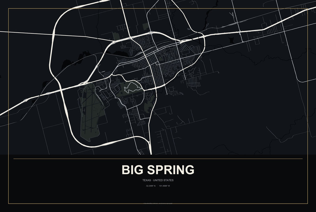 Big Spring, Texas City Map Aluminum Sign in Metropolitan Noir style