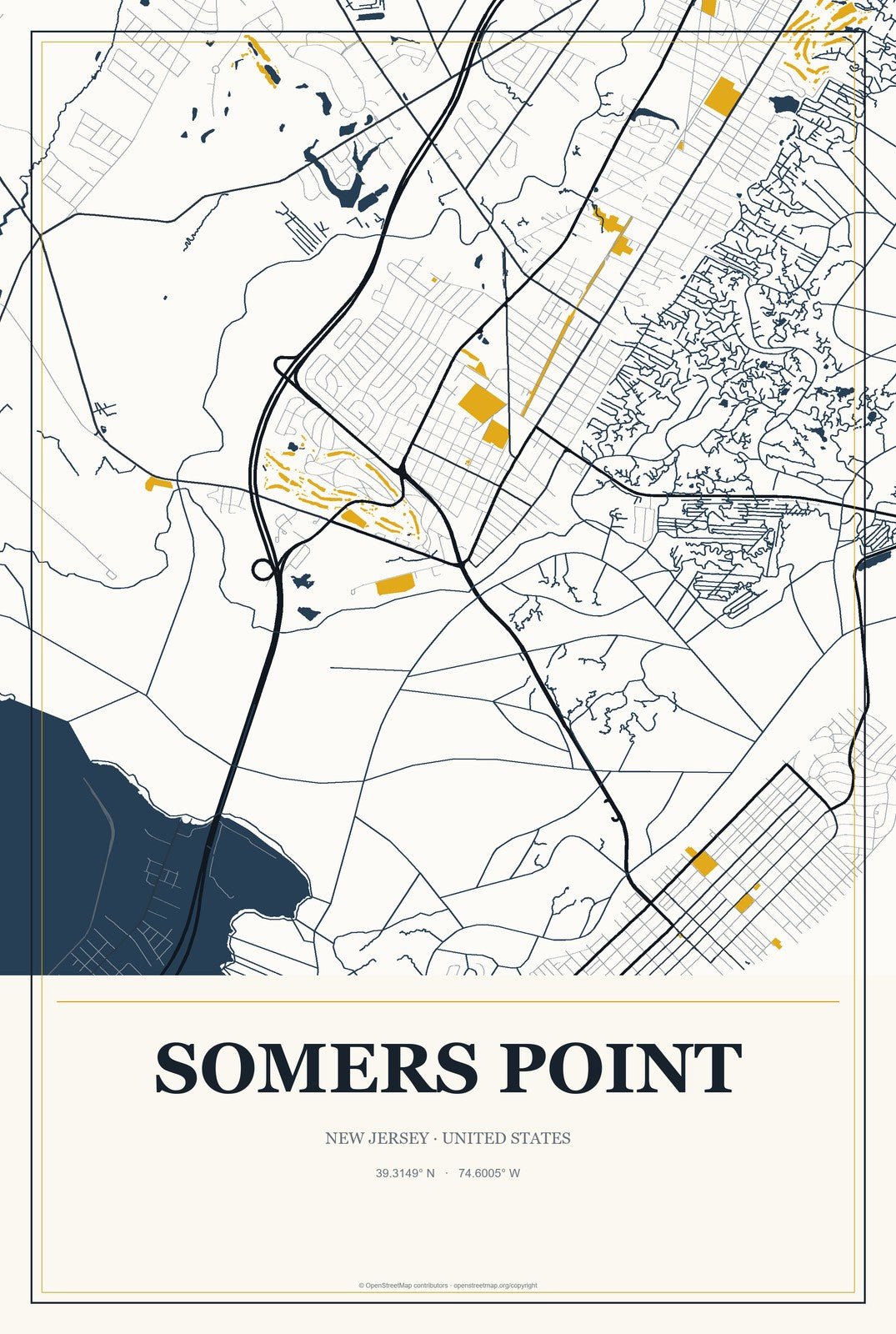 Somers Point, New Jersey City Map Aluminum Sign in Citrine Modern style