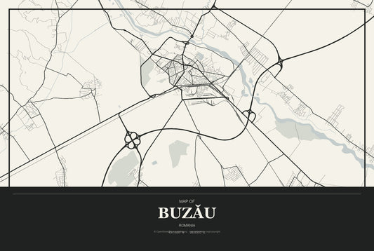 Buzău, Romania City Map Aluminum Sign in Museum Plaque style